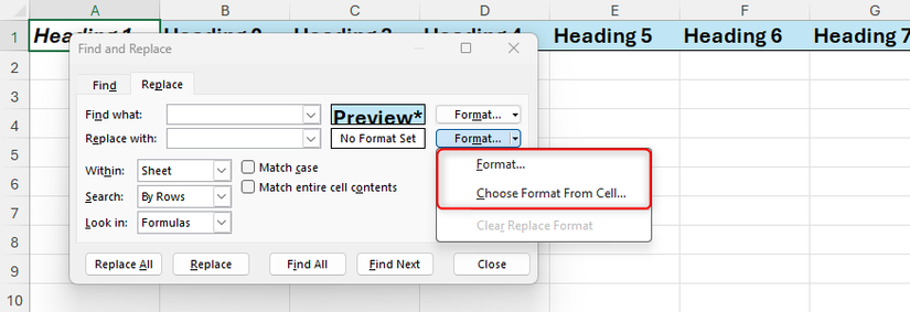 Format and Select Format from Cell are highlighted in the Replace section of Excel's Find and Replace dialog box.