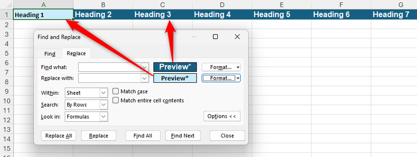 Formatting selected for Find and Replace cells in Microsoft Excel's Find and Replace dialog box.