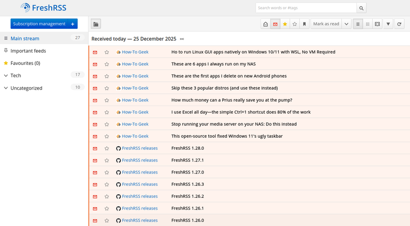 FreshRSS rodando em um Chromebook.