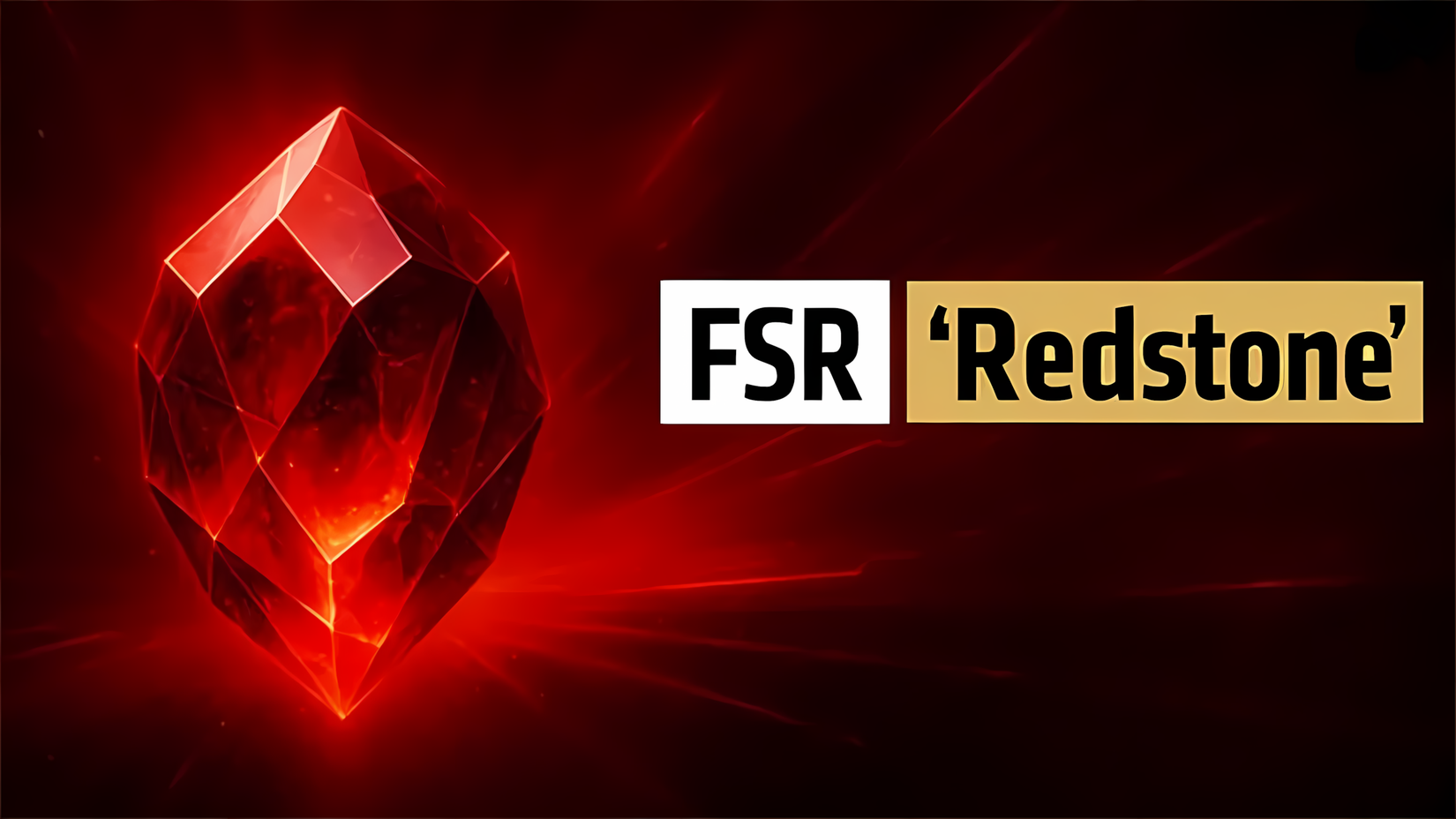 Logotipo de FSR Redstone sobre un fondo rojo oscuro con un rubí. 