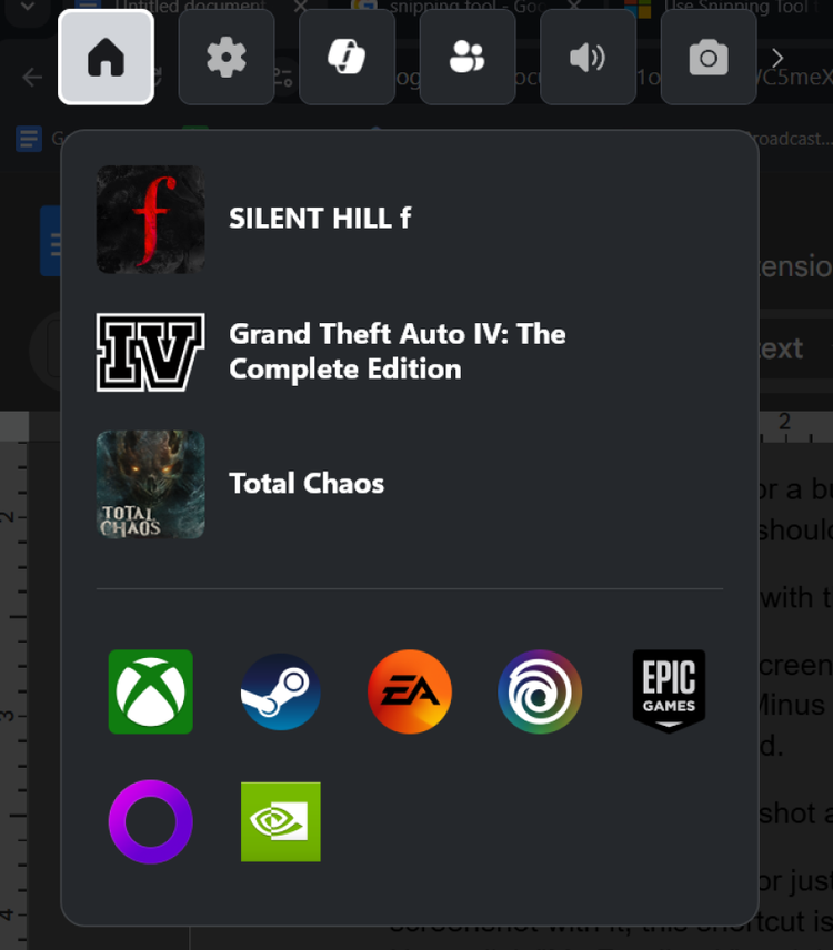 Game Bar в Windows с последними сыгранными играми.