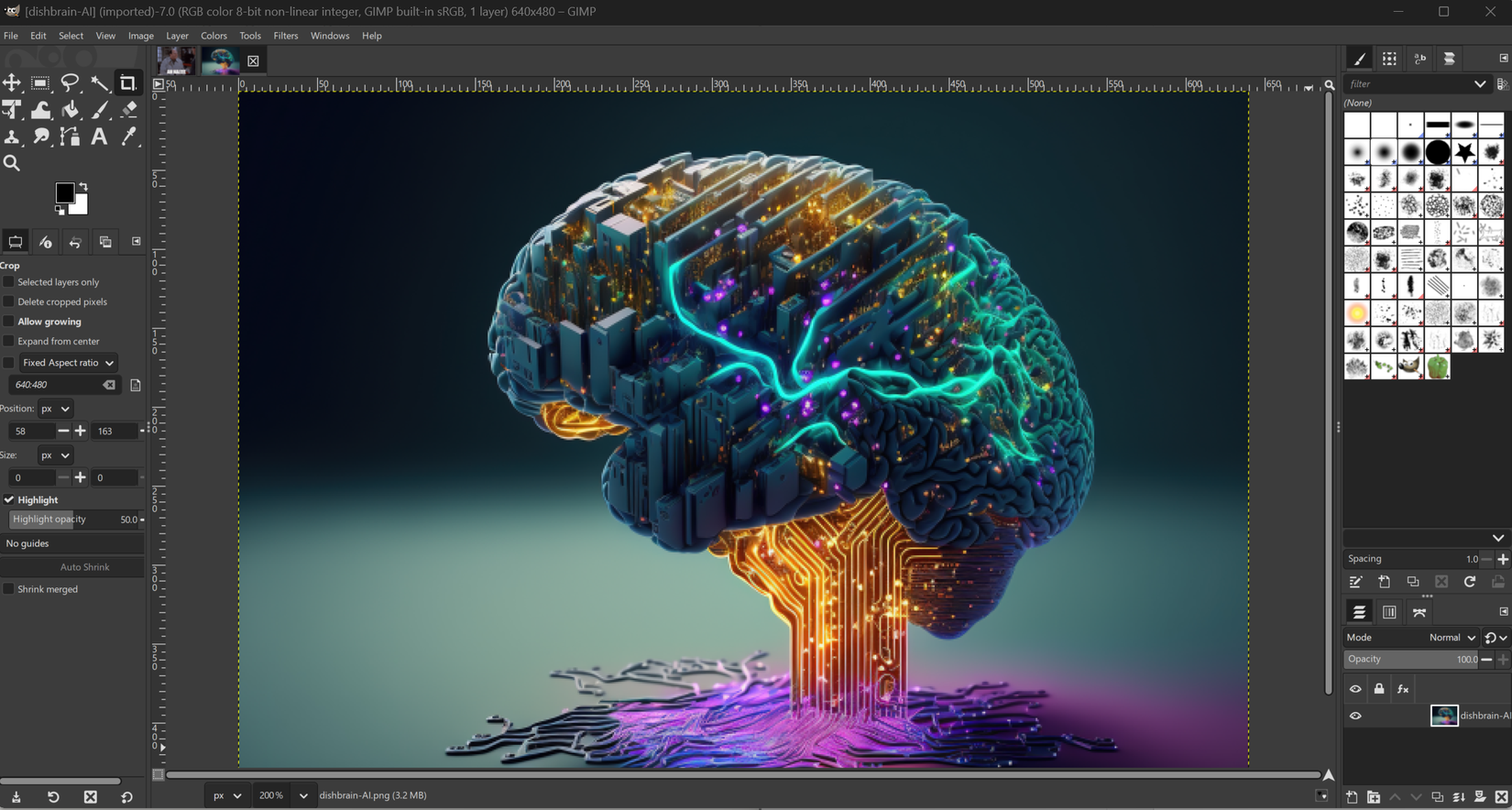 A screenshot of the open source photoediting app called GIMP with an image of a brain made of computer parts.