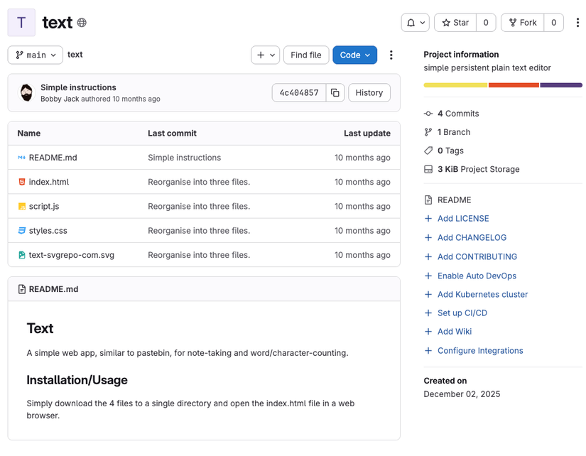 A página do repositório do GitLab mostra o commit mais recente, arquivos no repositório com ícones de tipo e uma visão geral simples das estatísticas do projeto.