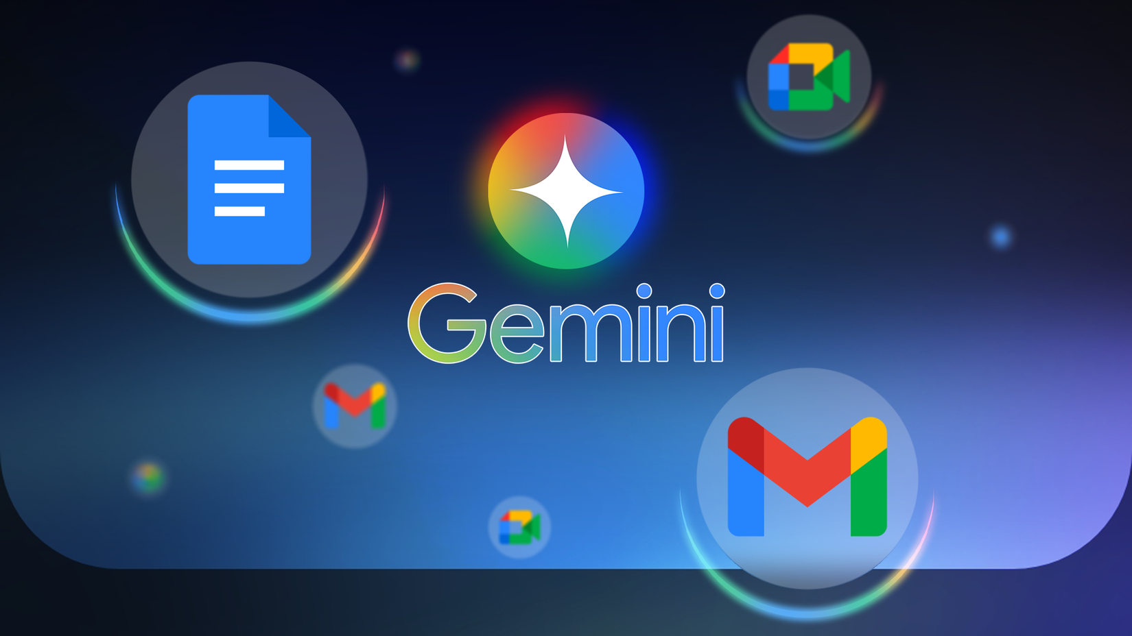 Google Gemini logo centered among glowing 3D icons for Google Docs, Gmail, and Google Meet.