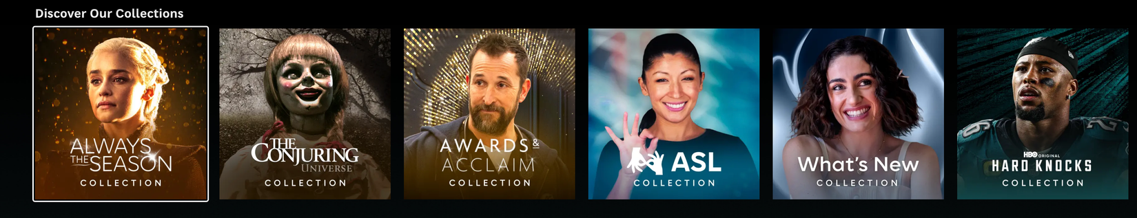 Screenshot of the Discover Our HBO Max Collections category from the website.