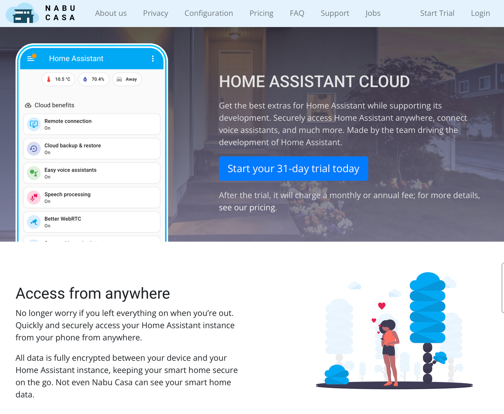 Descrição do Home Assistant Cloud no site da Nabu Casa.