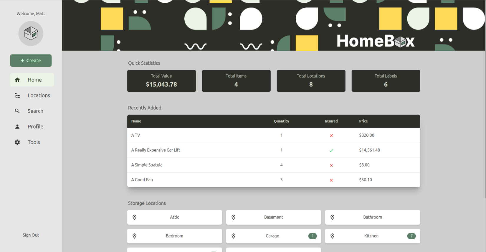 A screenshot of the Homebox software.