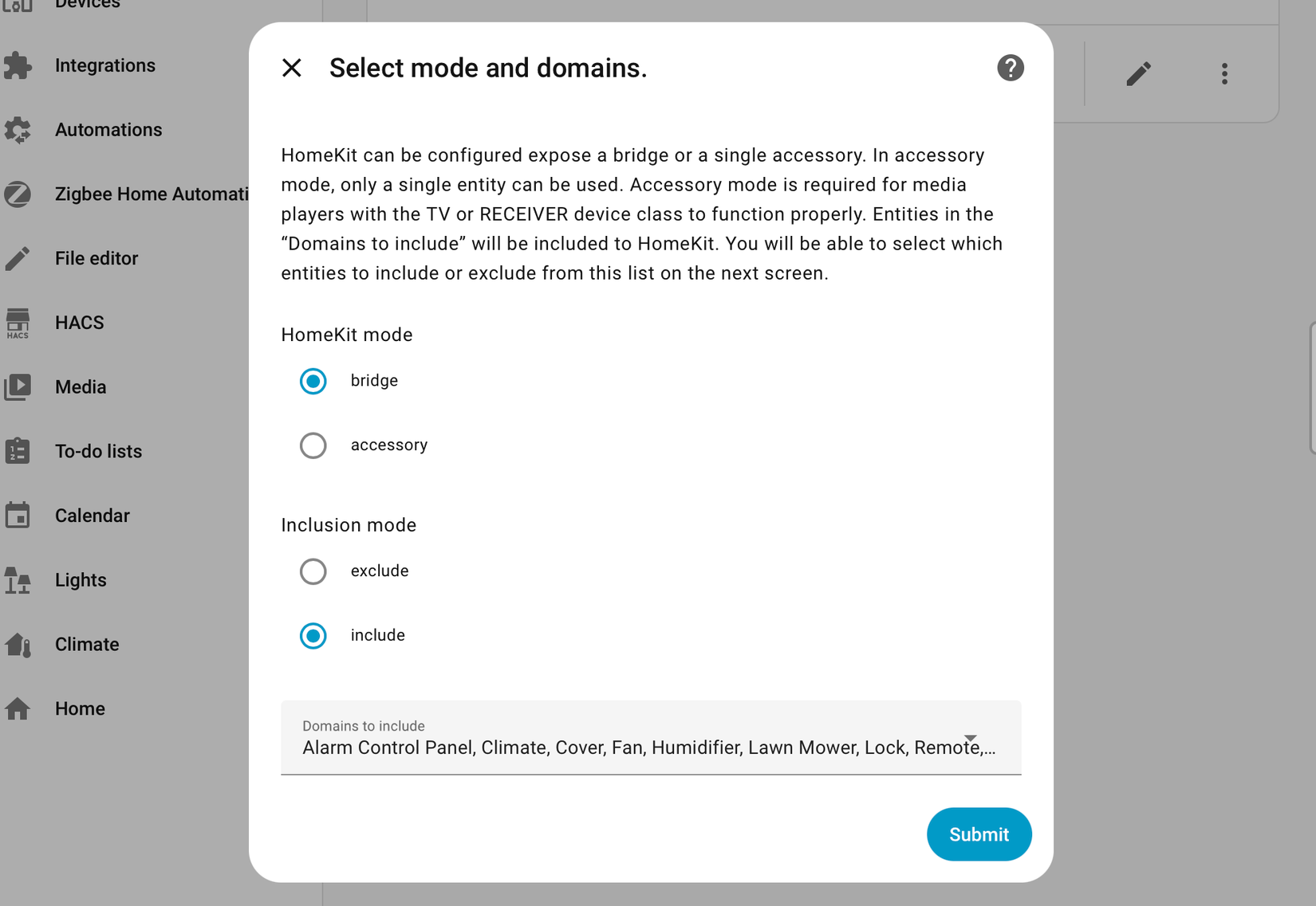 Setting up HomeKit Bridge integration in Home Assistant.