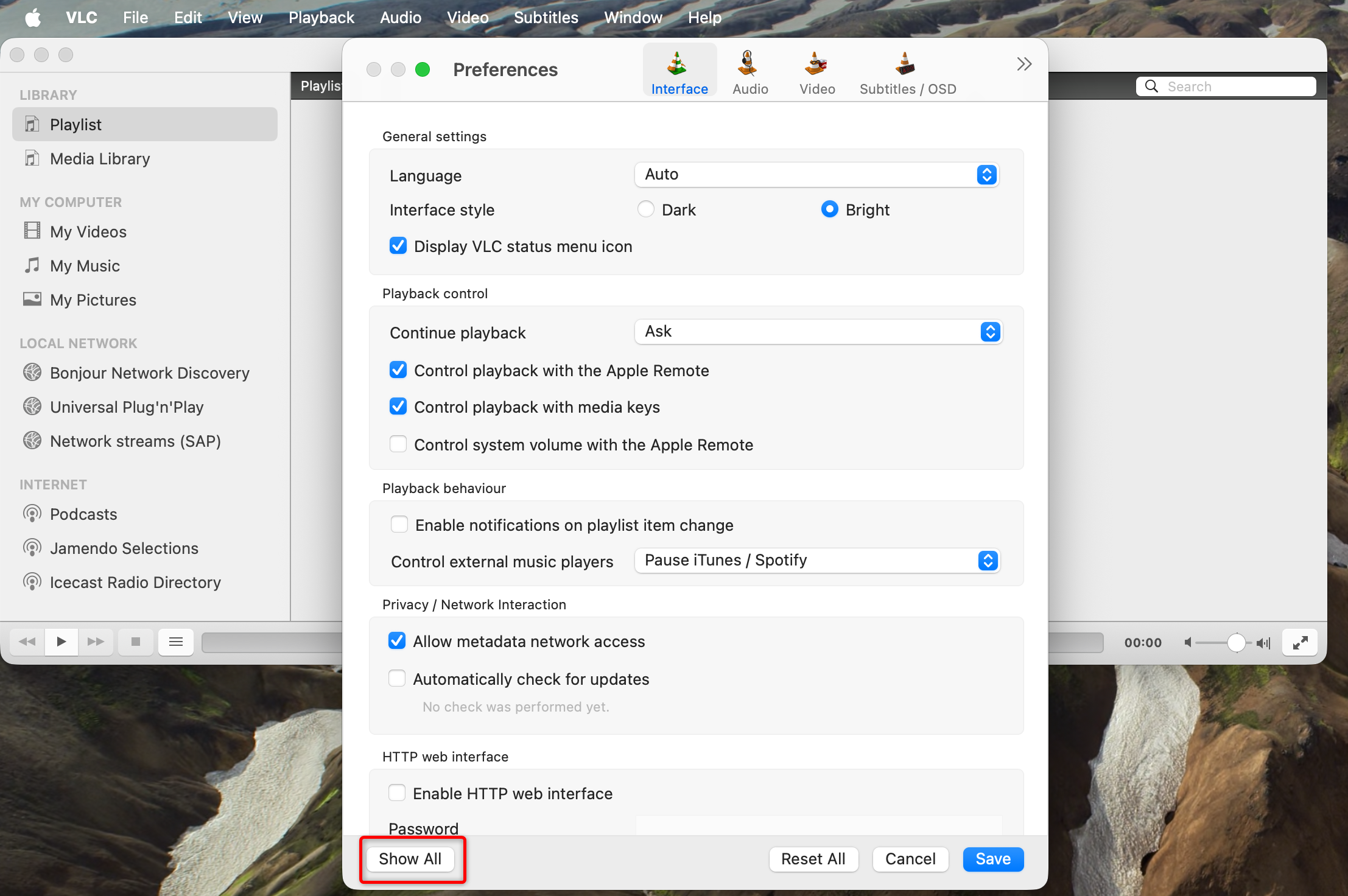 The settings menu of the macOS version of the VLC media player. 