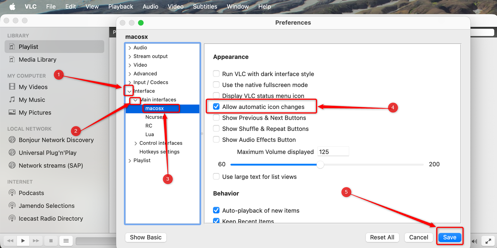 O menu de configurações da versão macOS do reprodutor de mídia VLC. 