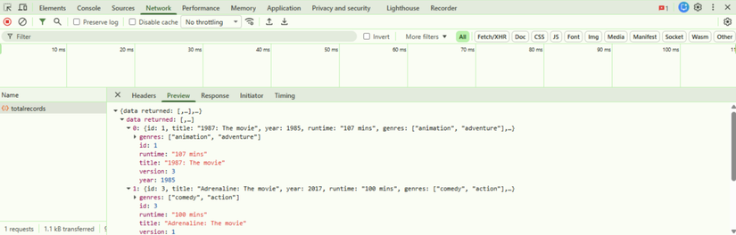 Image of the web browser showing data returned from an API
