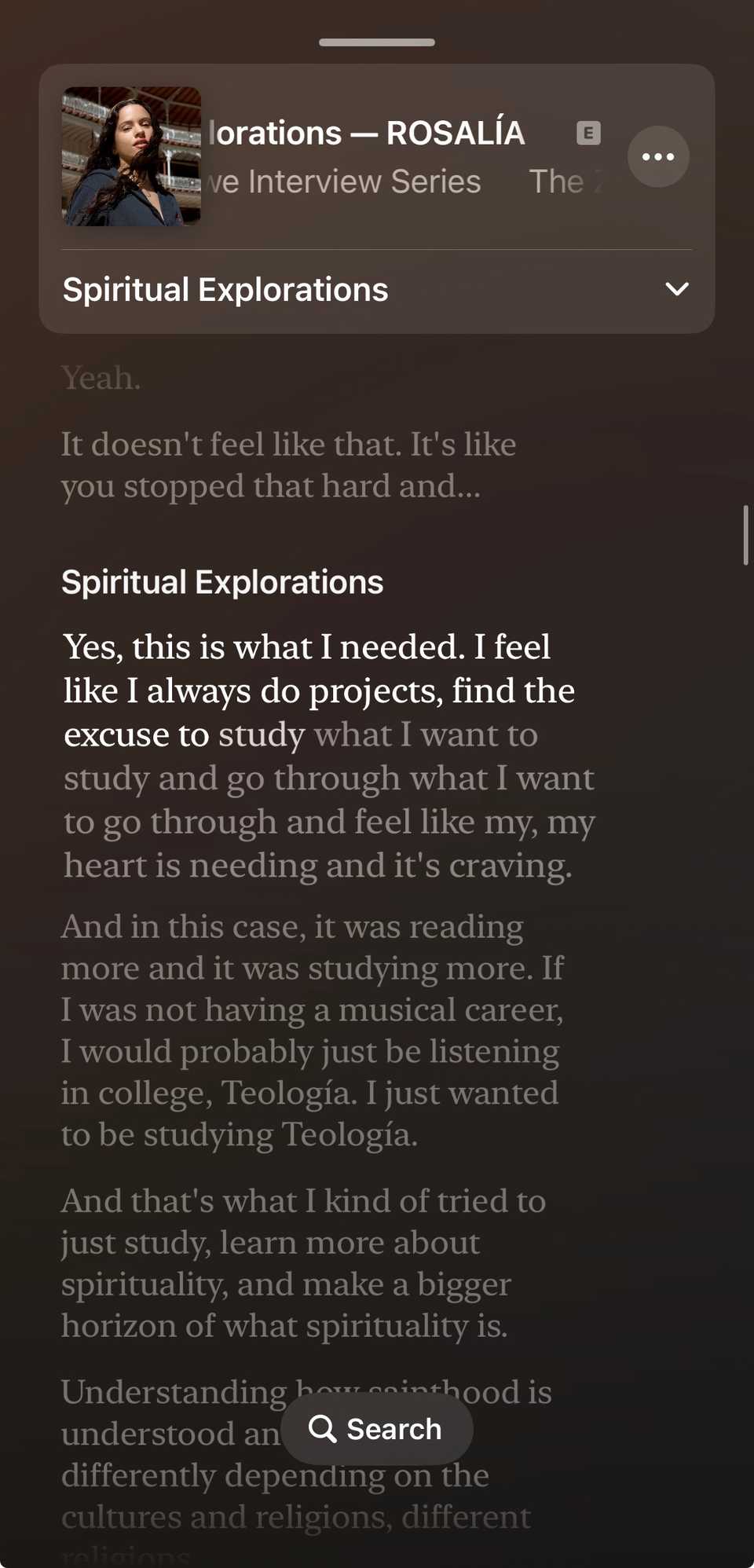 A screenshot of Apple Podcasts transcripts on iPhone.