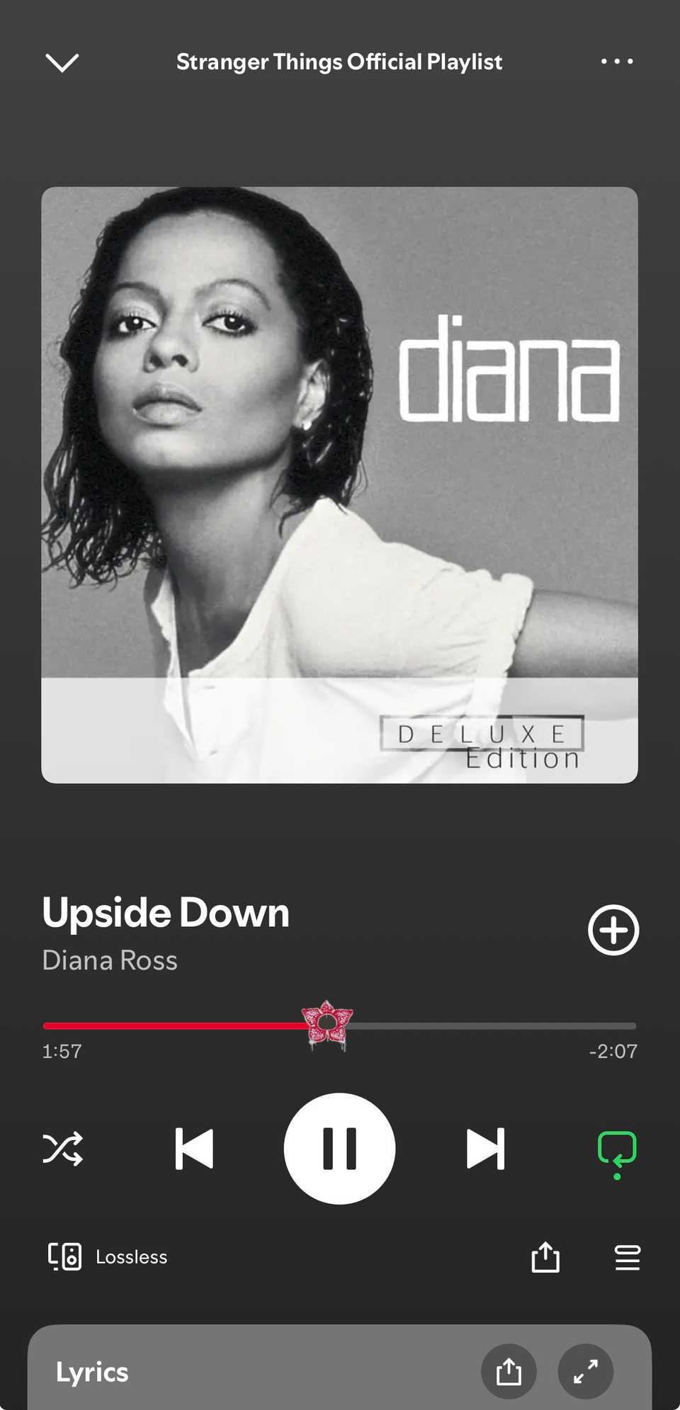 that of Diana Ross "Upside down" play on the Spotify mobile app with a Demogorgon progress bar.