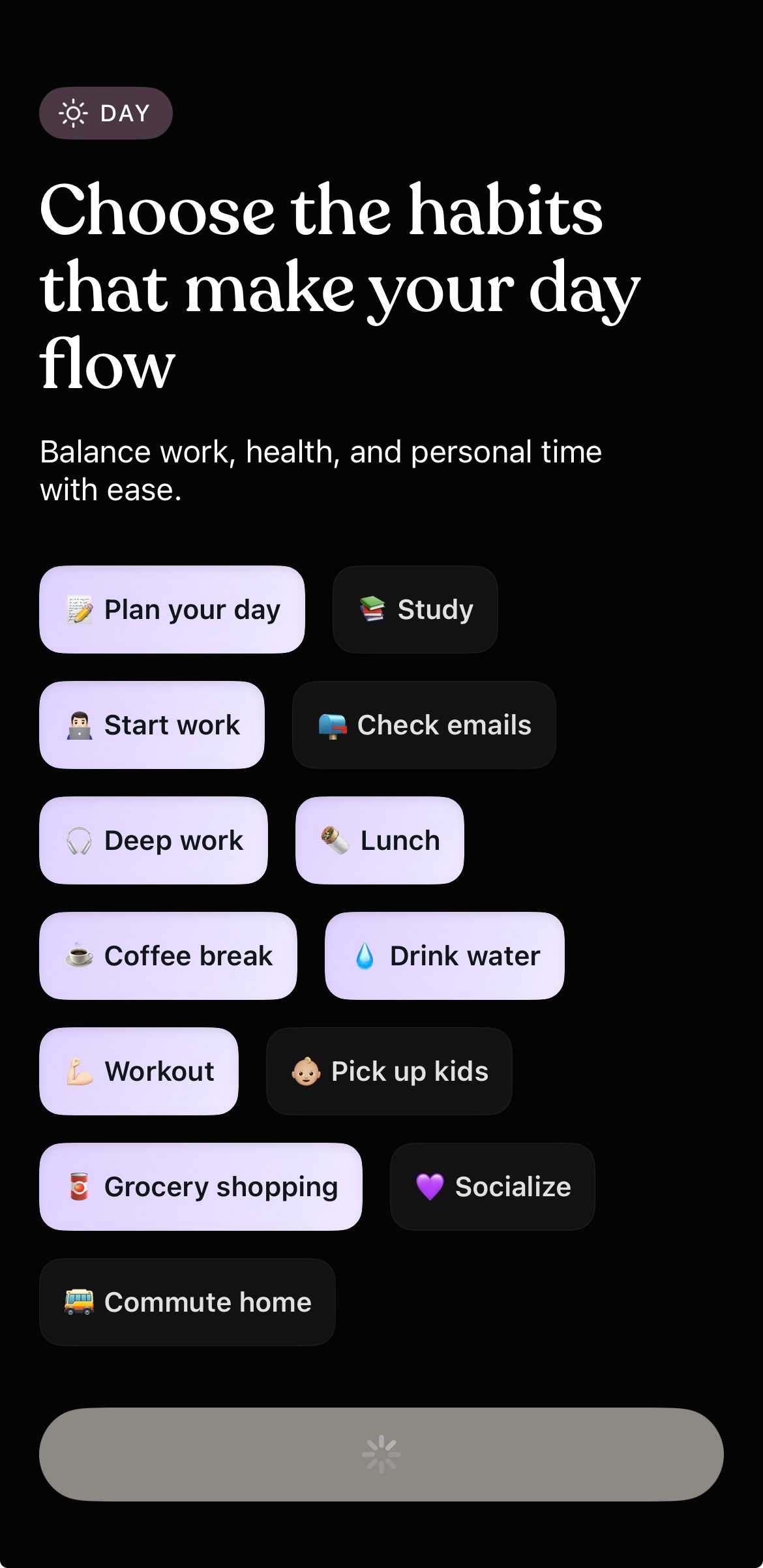 Setting up Tiimo by selecting habits.