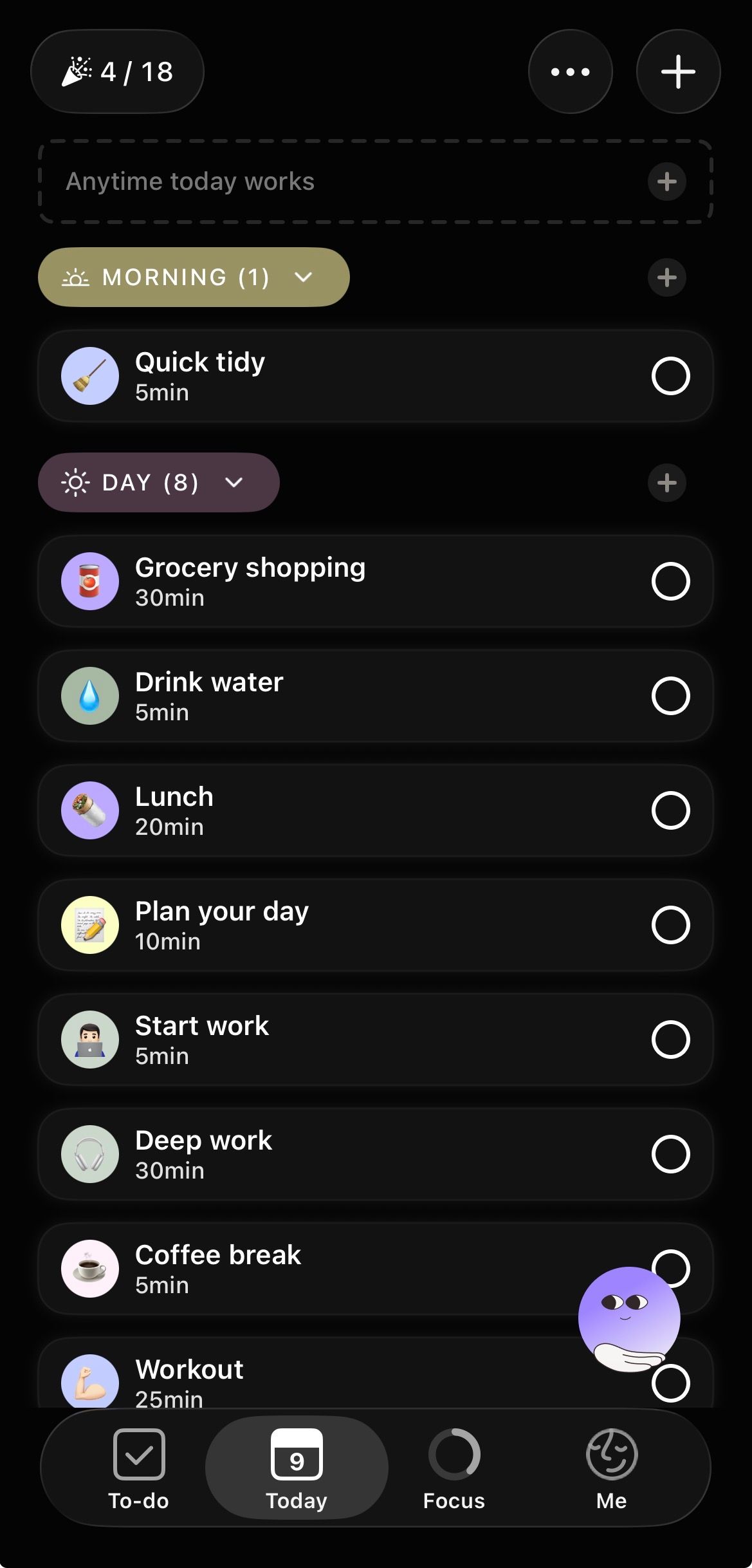 The visual planner on Tiimo detailing tasks for the day.