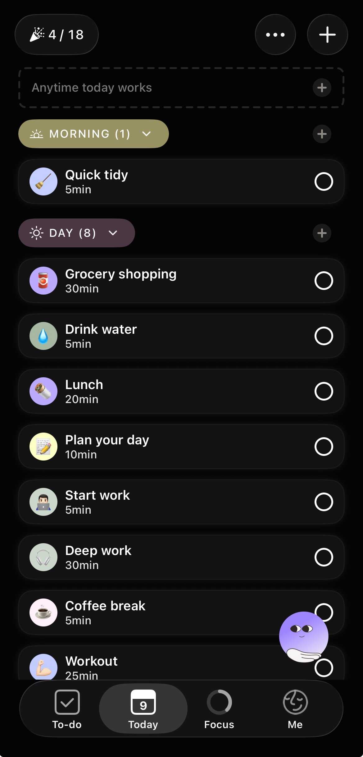 The visual planner on Tiimo detailing tasks for the day.