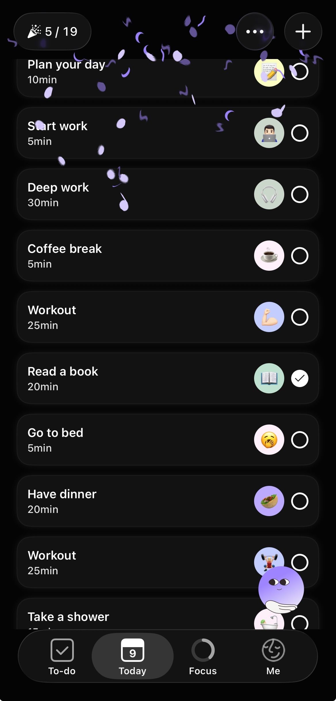 The visual confetti effect that Tiimo activates when a task is completed. 