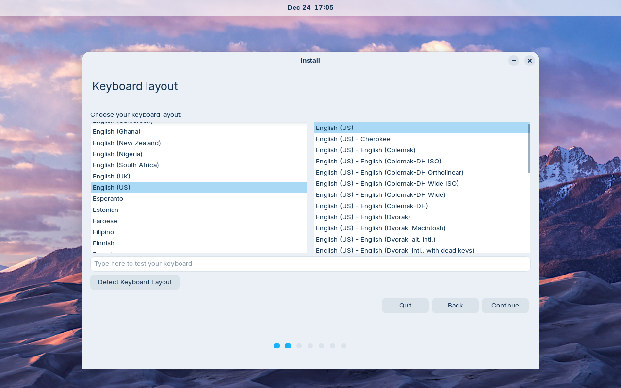 Choosing the keyboard layout.