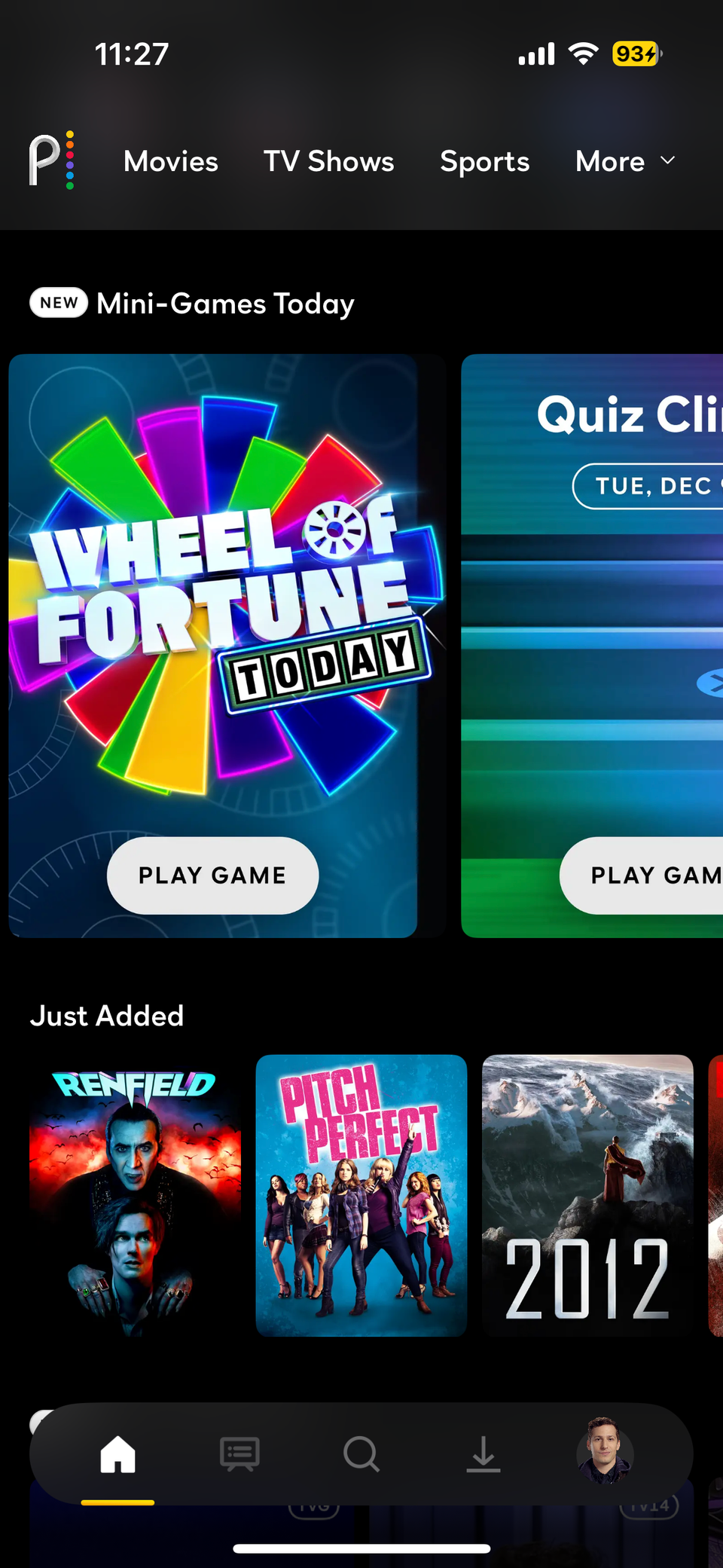 iPhone screenshot of Peacock's Mini-Games Today section on mobile.