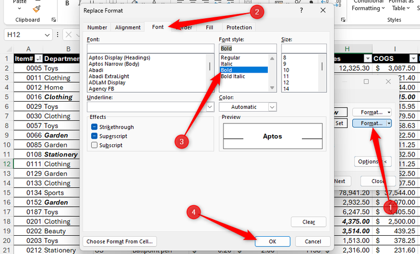 Italics is selected in the Replace Format dialog box in Excel.