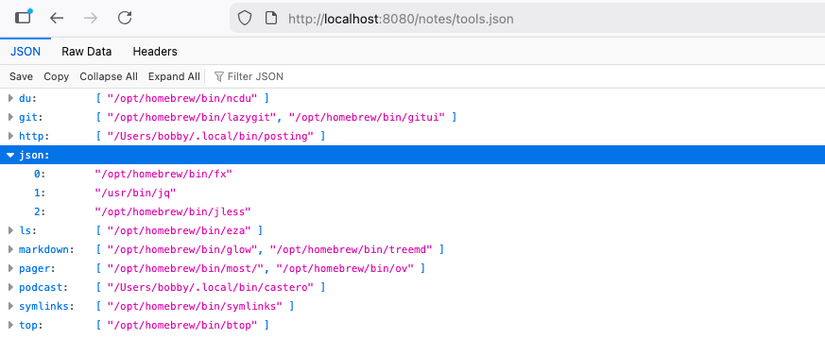 Um arquivo JSON exibido no navegador Firefox, com ícones para recolher e expandir entradas e realce de sintaxe baseado em cores.