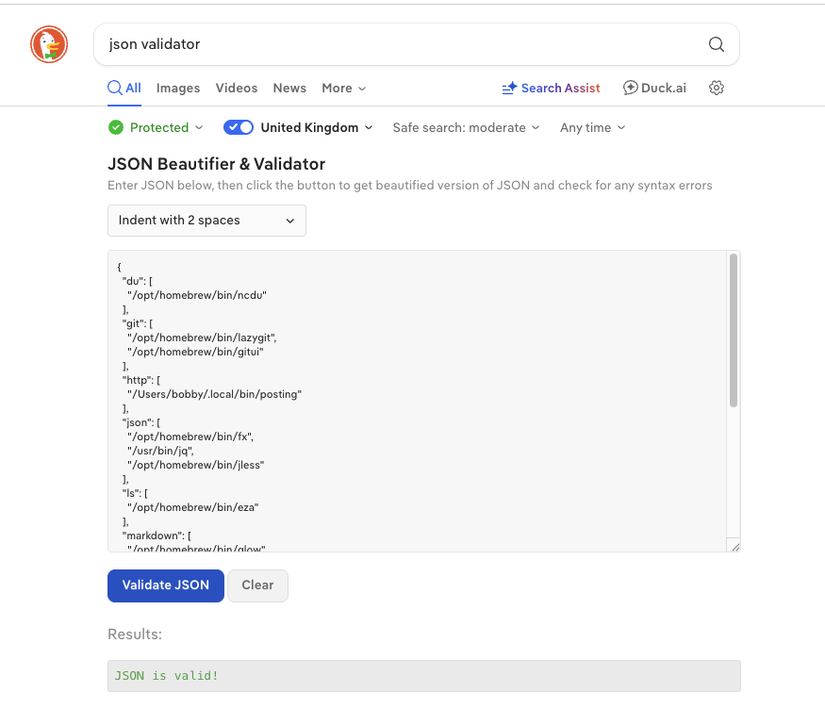 O mecanismo de pesquisa Duck Duck Go exibindo um validador e formatador JSON.