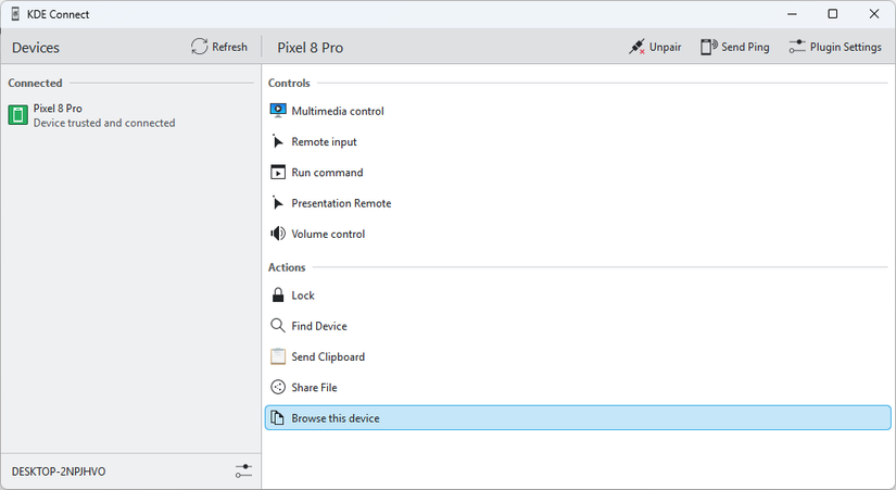 KDE Connect aberto no Windows 11 mostrando um Pixel 8 Pro conectado.