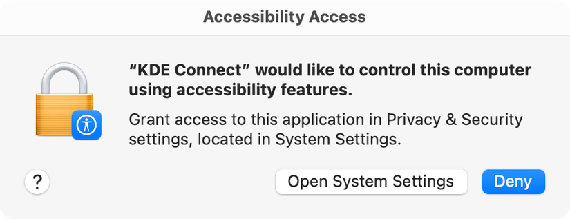 Aviso de permissões do KDE Connect no macOS.
