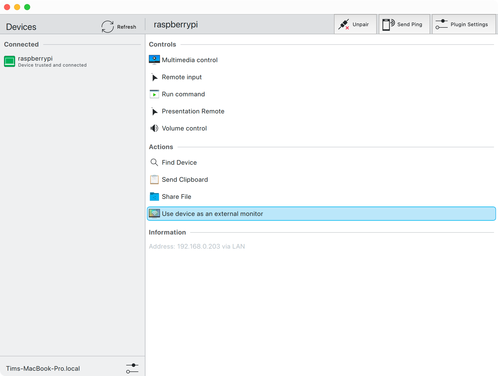 KDE Connect em execução no macOS.
