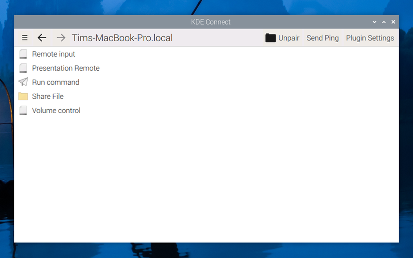 KDE Connect rodando no sistema operacional Raspberry Pi.
