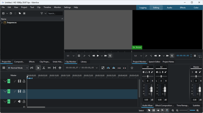 Kdenlive aberto sem um projeto carregado.