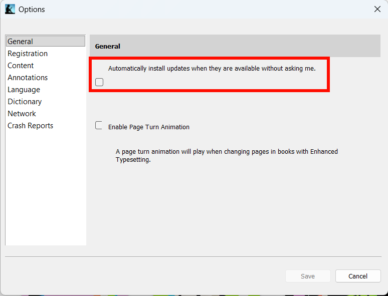Menu de preferências do Kindle para PC 2.4.0