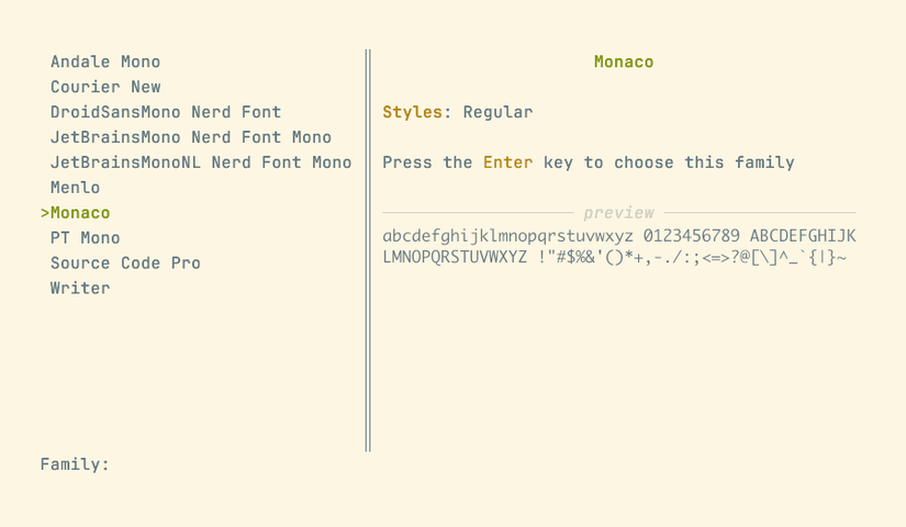 Список шрифтов и предпросмотр текущего, Monaco.