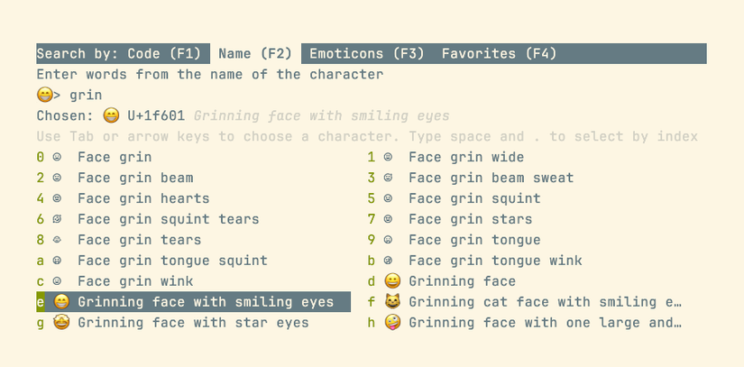 Поисковая строка со словом grin и список подходящих символов-эмодзи.