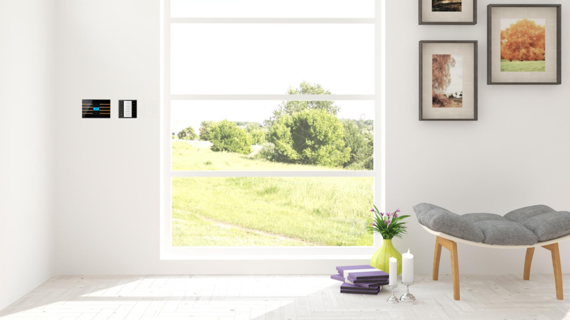 KNX promotional image showing control panel in minimalist home.