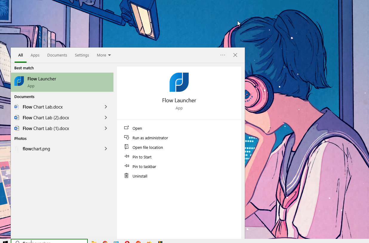 Using Windows Search to open Flow Launcher for the first time.