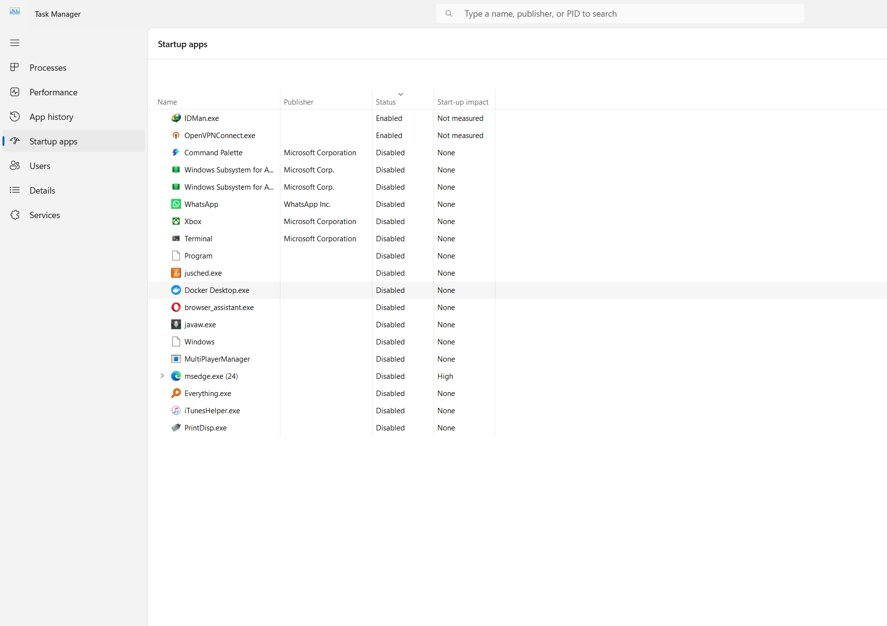 A list of startup apps in Task Manager.