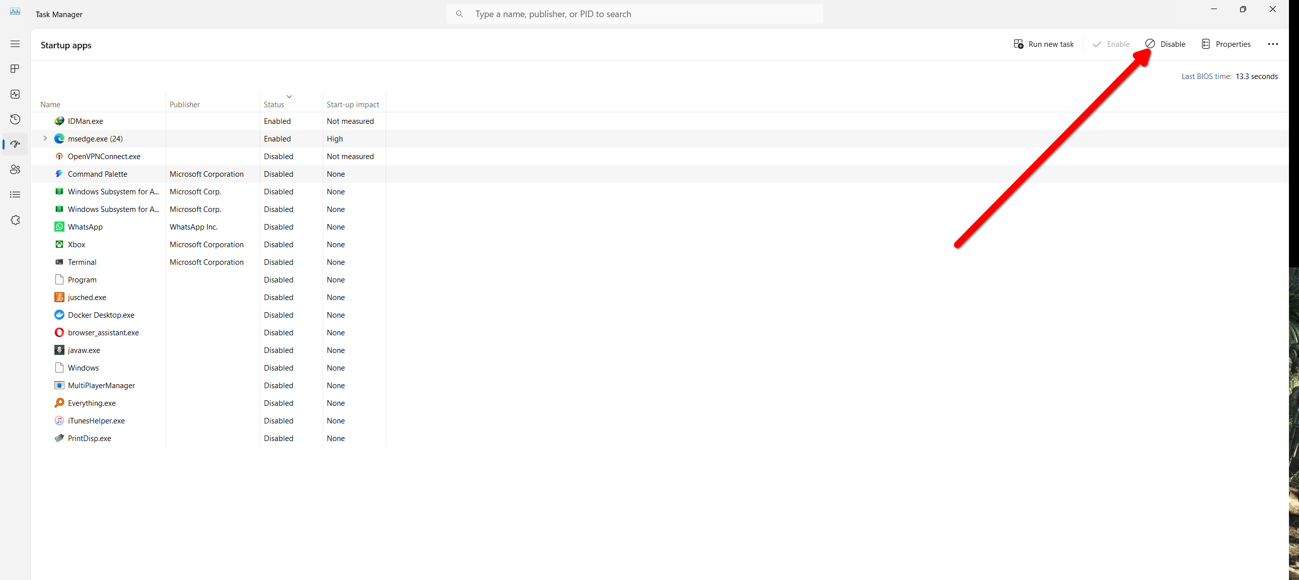 Disabling startup apps using the Task Manager.