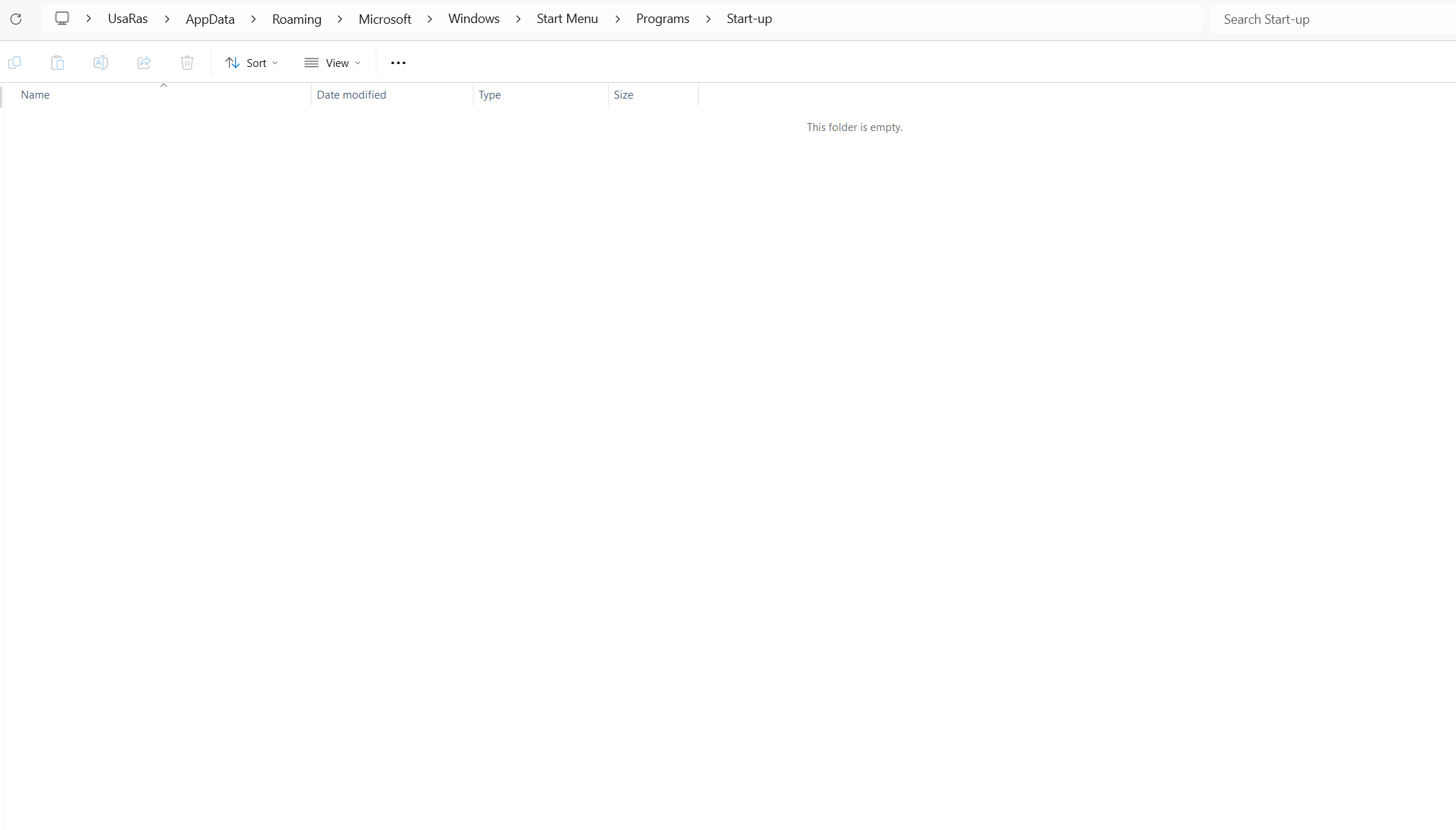 An empty folder where startup application shorcuts go.