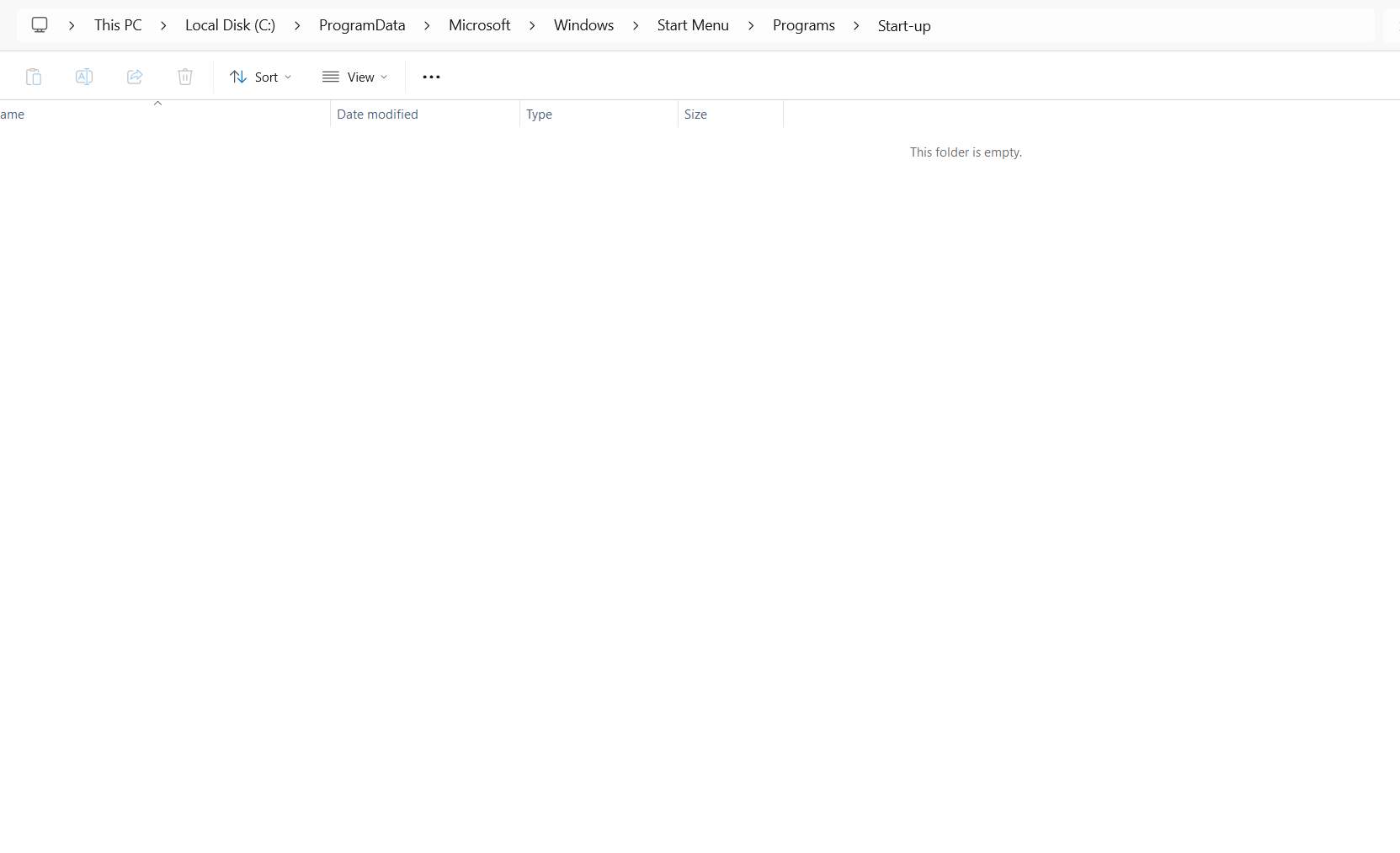 An empty folder where startup application shorcuts go for all users.