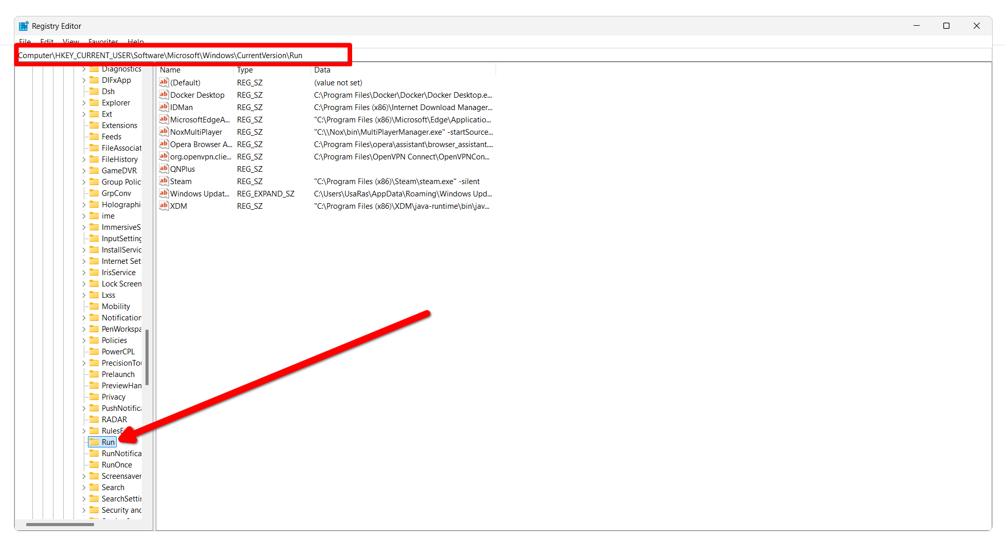 A list of all startup apps in the Registry Editor.