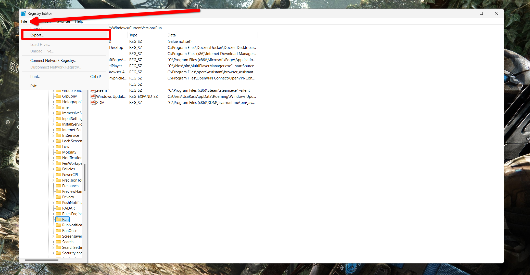 Creating a backup of the Run registry keys.