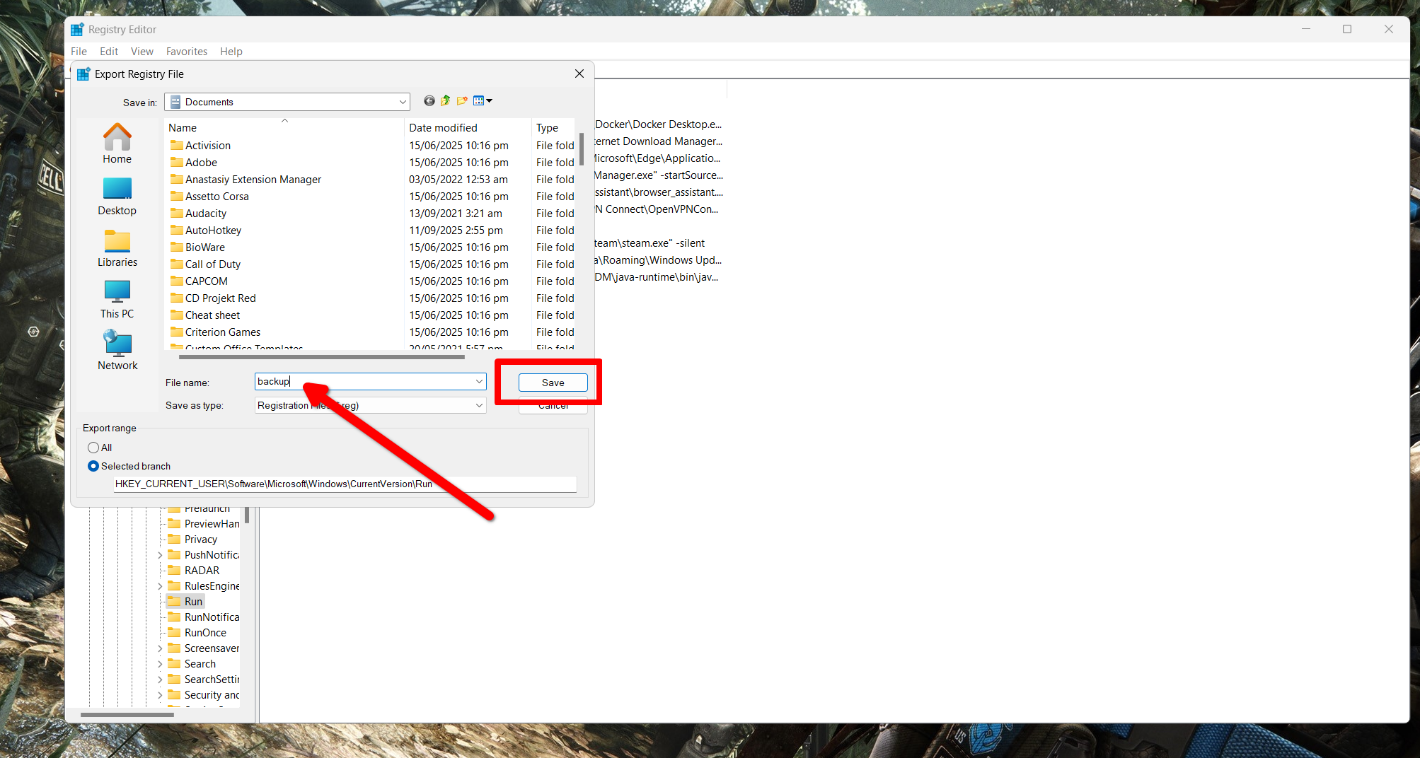 Backing up the registry values in a .reg file.