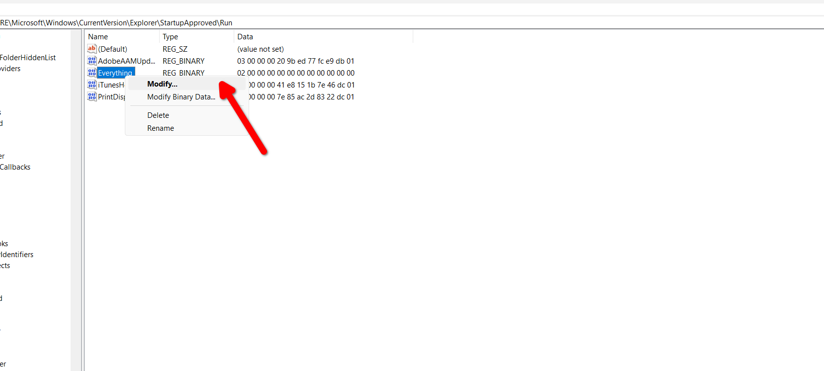 Modifying the registry entry for the Everything app.