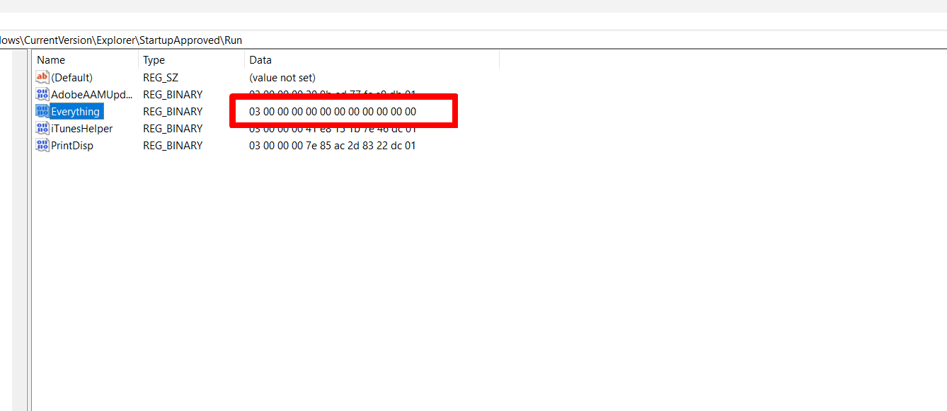 Windows Registry key for the Everything app successfully updated.