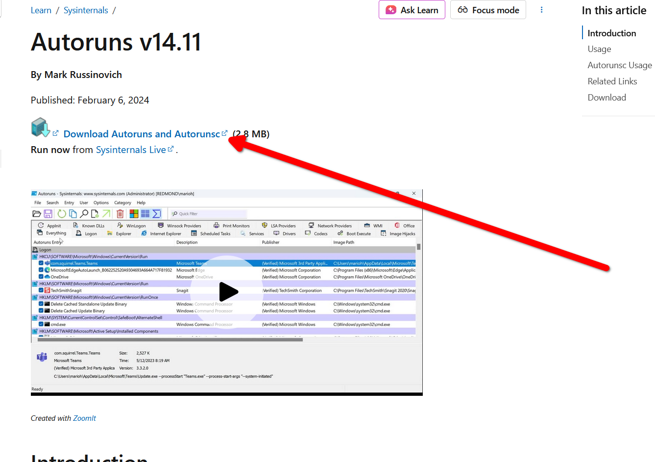 Downloading AutoRuns by Microsoft.