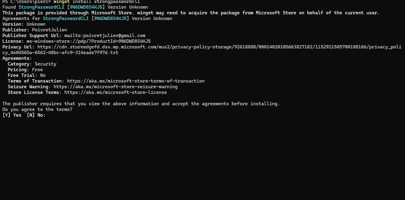 Usando winget para instalar um utilitário de geração de senha.