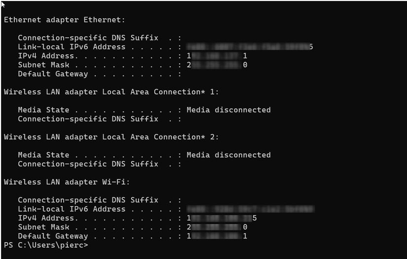 Looking up the private IP addresses using the Windows terminal.
