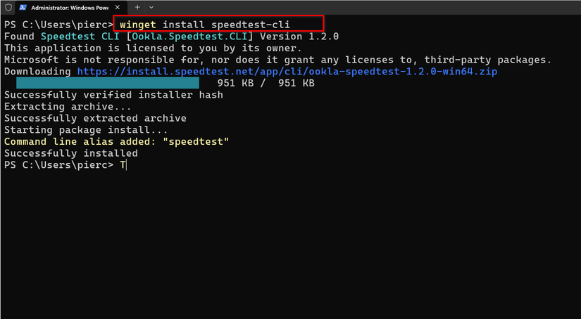 Using winget to install a command-line tool for running internet speed tests.
