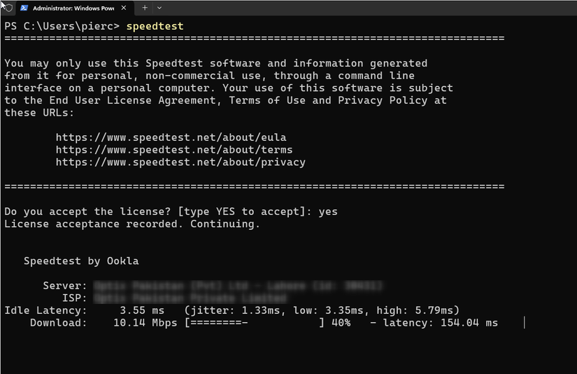 Running an internet speed test within the terminal.